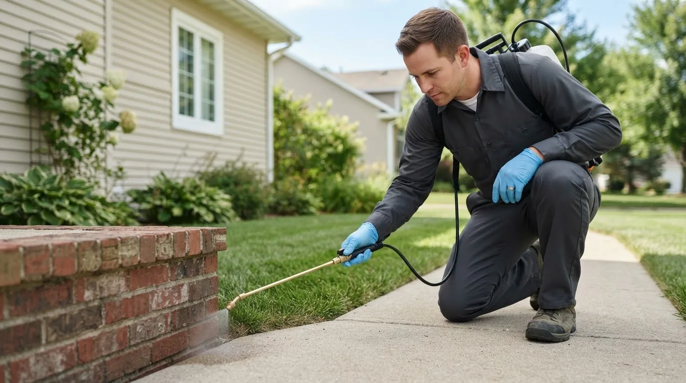 Pest control technician treating a home near Berkley, MA